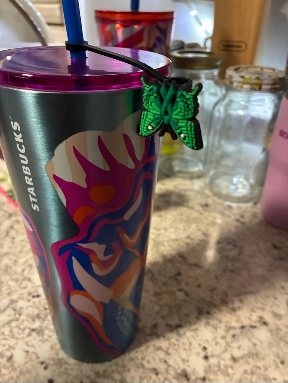 Starbucks Multicolor Metallic Tumbler with Purple Lid and Green Butterfly Charm
